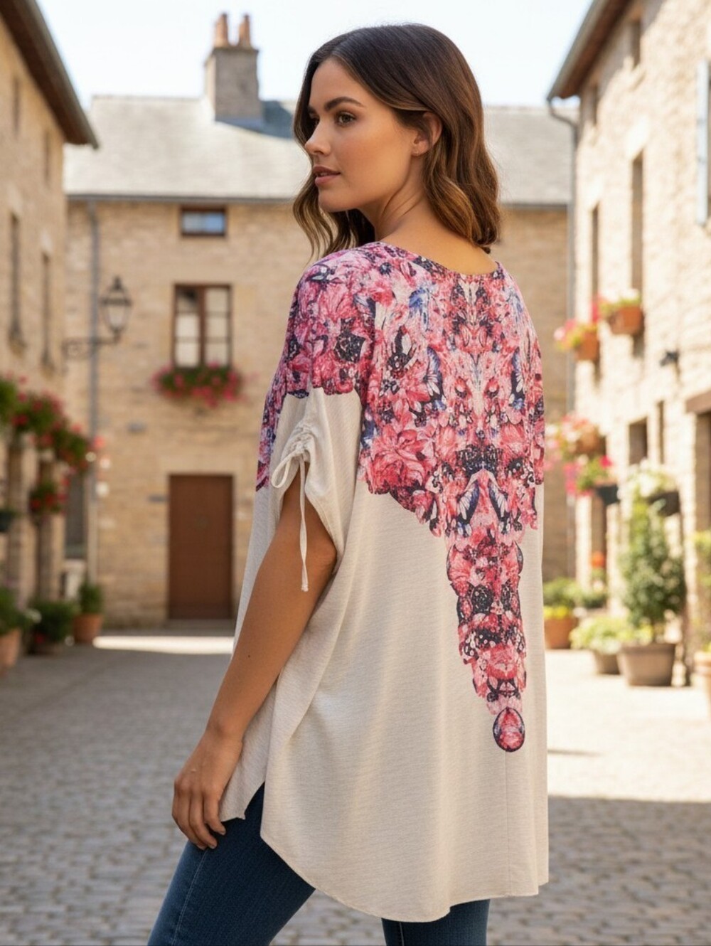 Free People Cream Floral V-Neck Oversized Knit Tunic Top Small
